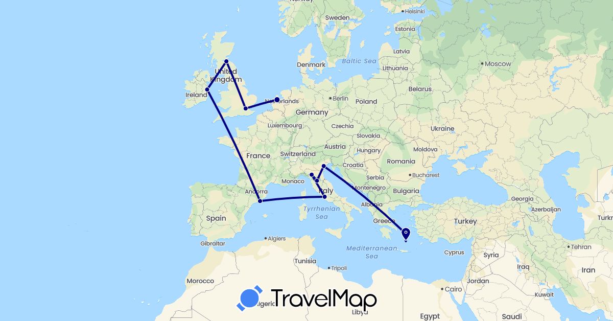 TravelMap itinerary: driving in Spain, United Kingdom, Greece, Ireland, Italy, Netherlands (Europe)