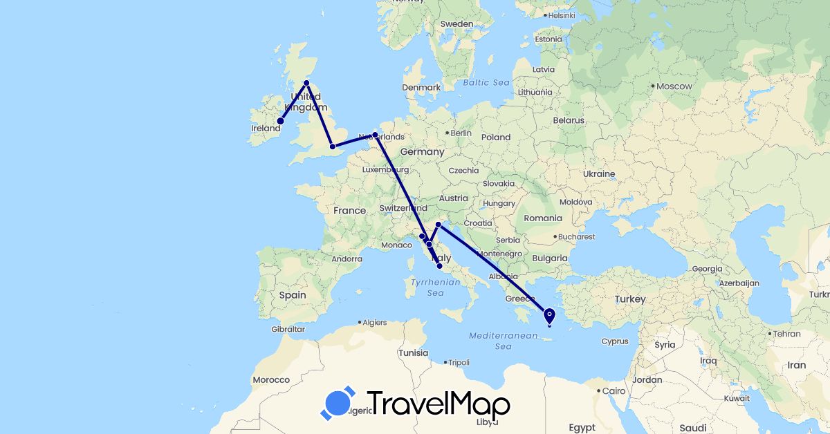 TravelMap itinerary: driving in United Kingdom, Greece, Ireland, Italy, Netherlands (Europe)