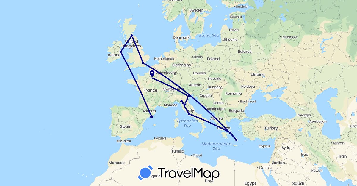 TravelMap itinerary: driving in Spain, France, United Kingdom, Greece, Ireland, Italy (Europe)