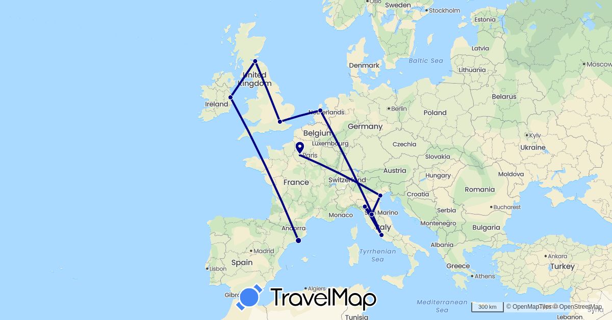 TravelMap itinerary: driving in Spain, France, United Kingdom, Ireland, Italy, Netherlands (Europe)