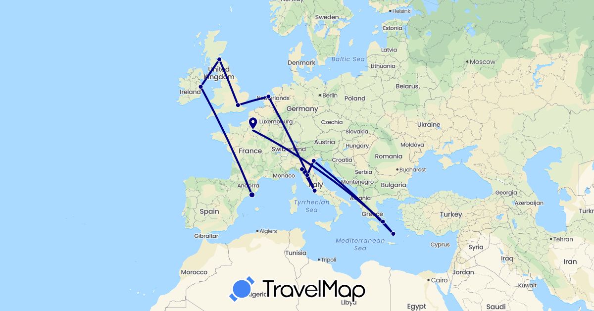 TravelMap itinerary: driving in Spain, France, United Kingdom, Greece, Ireland, Italy, Netherlands (Europe)