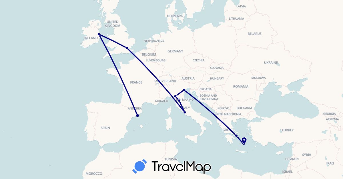 TravelMap itinerary: driving in Spain, United Kingdom, Greece, Ireland, Italy (Europe)